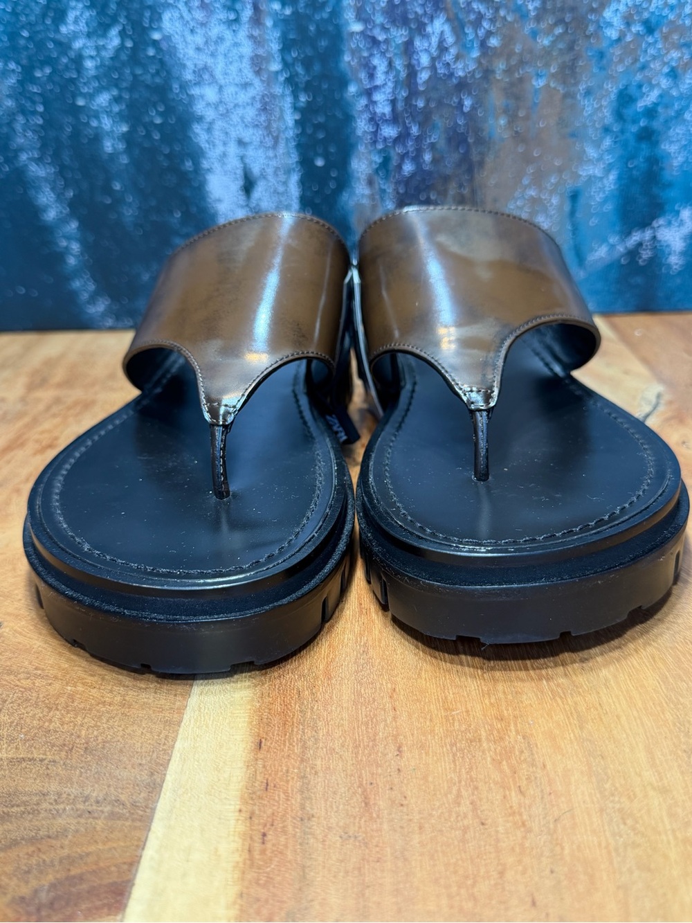 Zara Deadstock Leather‎ Track Sole Thong Slide Sandals Brown NWT Size 7.5 - Picture 8 of 10
